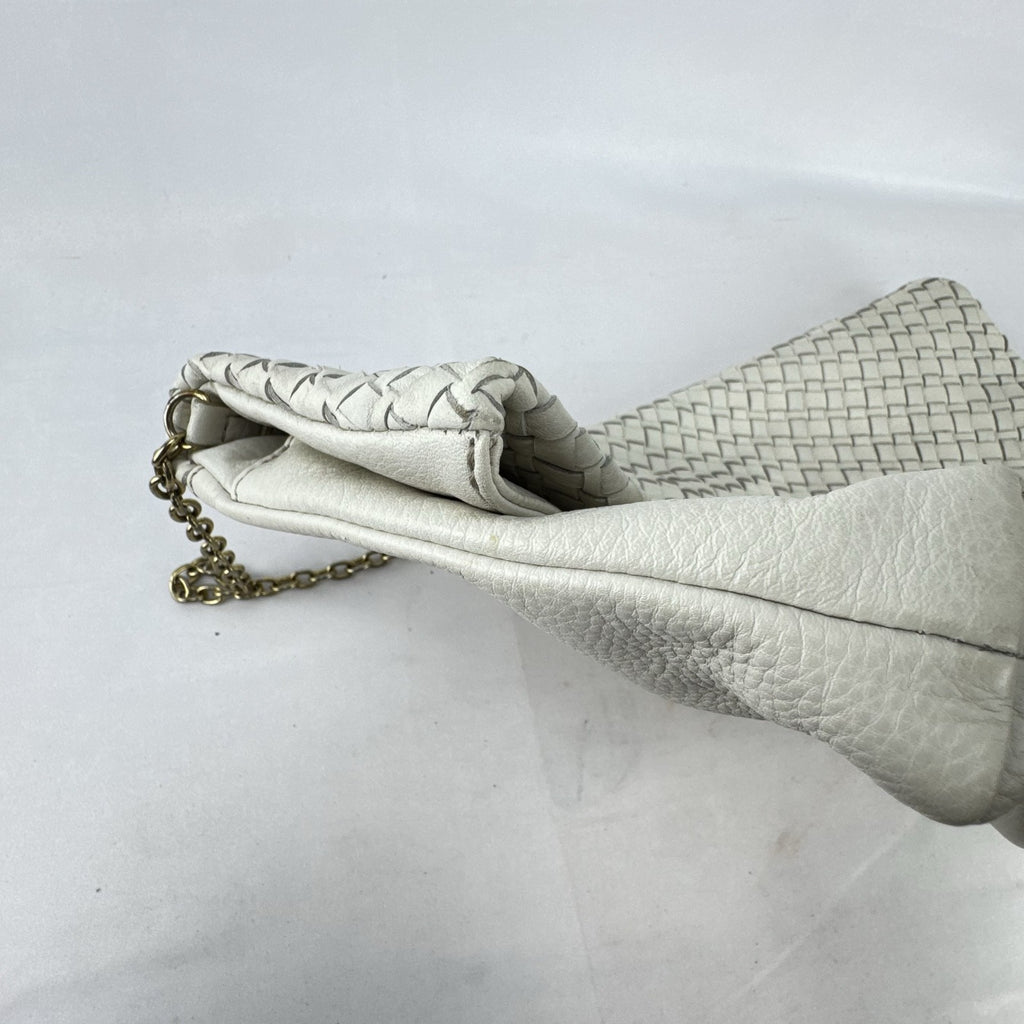 Banana Republic white pebbled leather foldover clutch with woven flap and gold chain strap