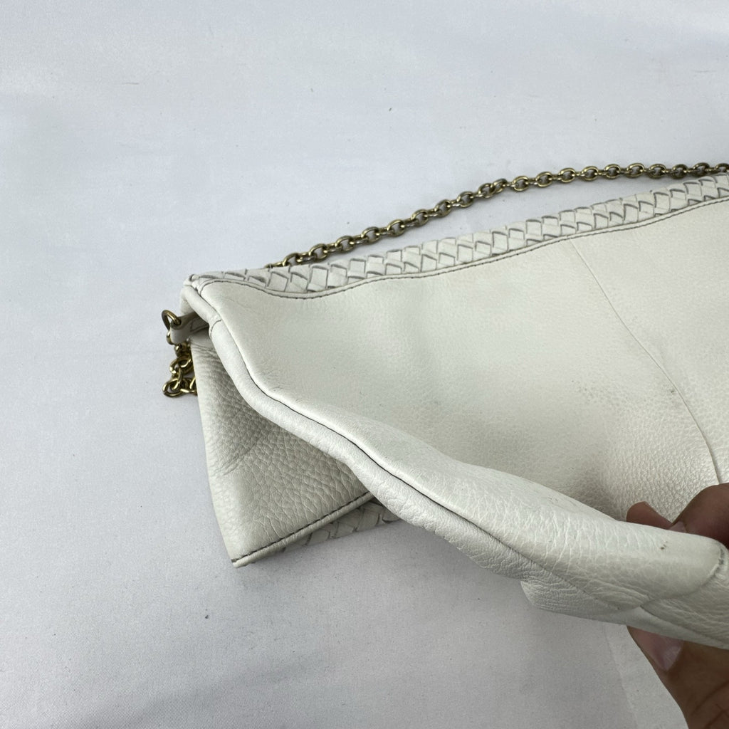 Banana Republic white pebbled leather foldover clutch with woven flap and gold chain strap