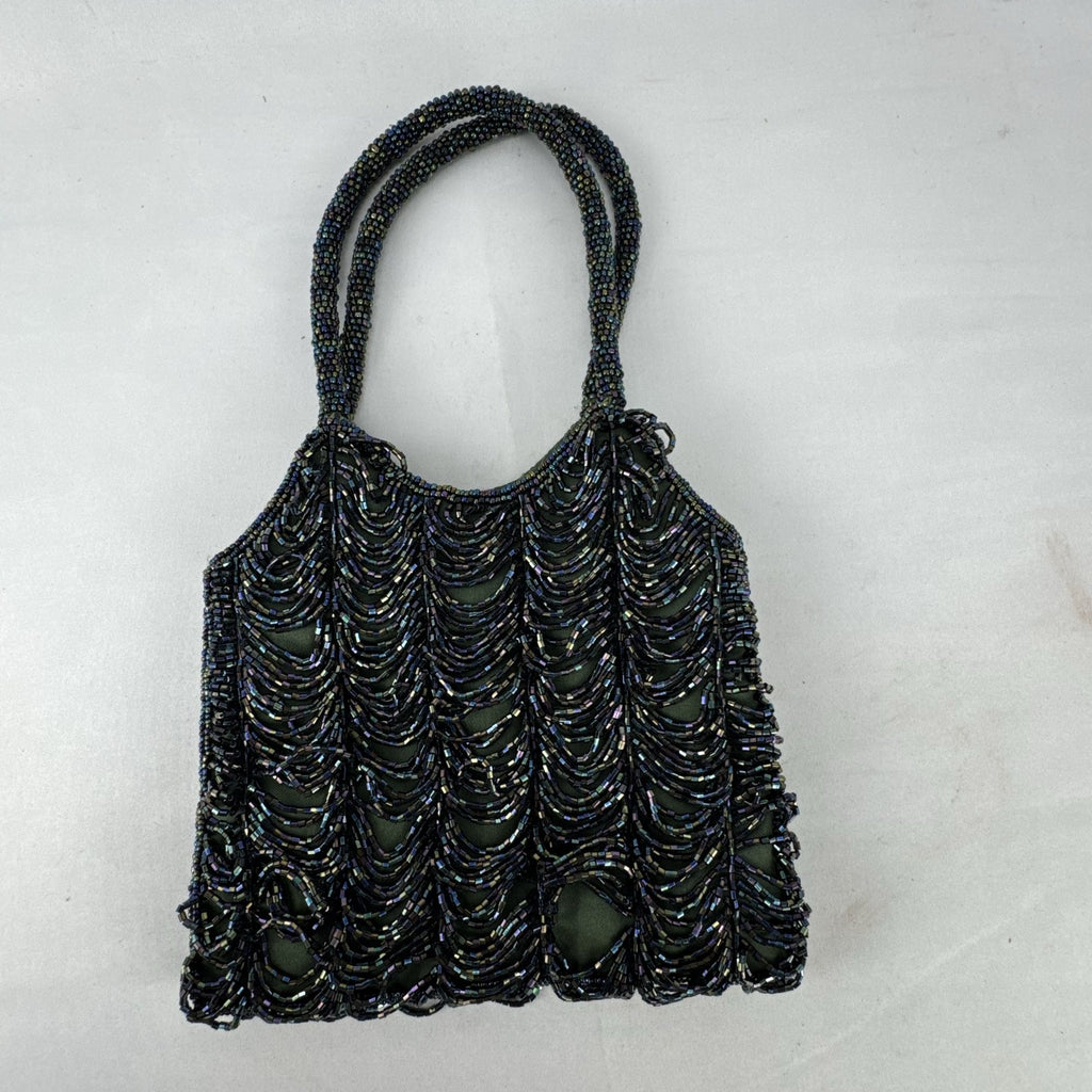 Iridescent oil slick beaded mini evening bag in olive green satin with dual beaded top handles