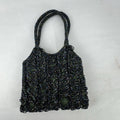 Iridescent oil slick beaded mini evening bag in olive green satin with dual beaded top handles