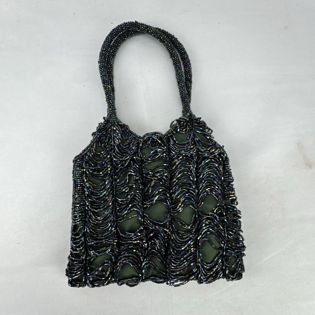 Iridescent oil slick beaded mini evening bag in olive green satin with dual beaded top handles