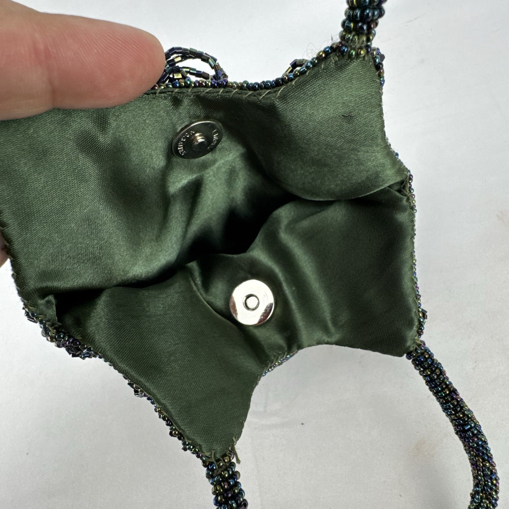 Iridescent oil slick beaded mini evening bag in olive green satin with dual beaded top handles