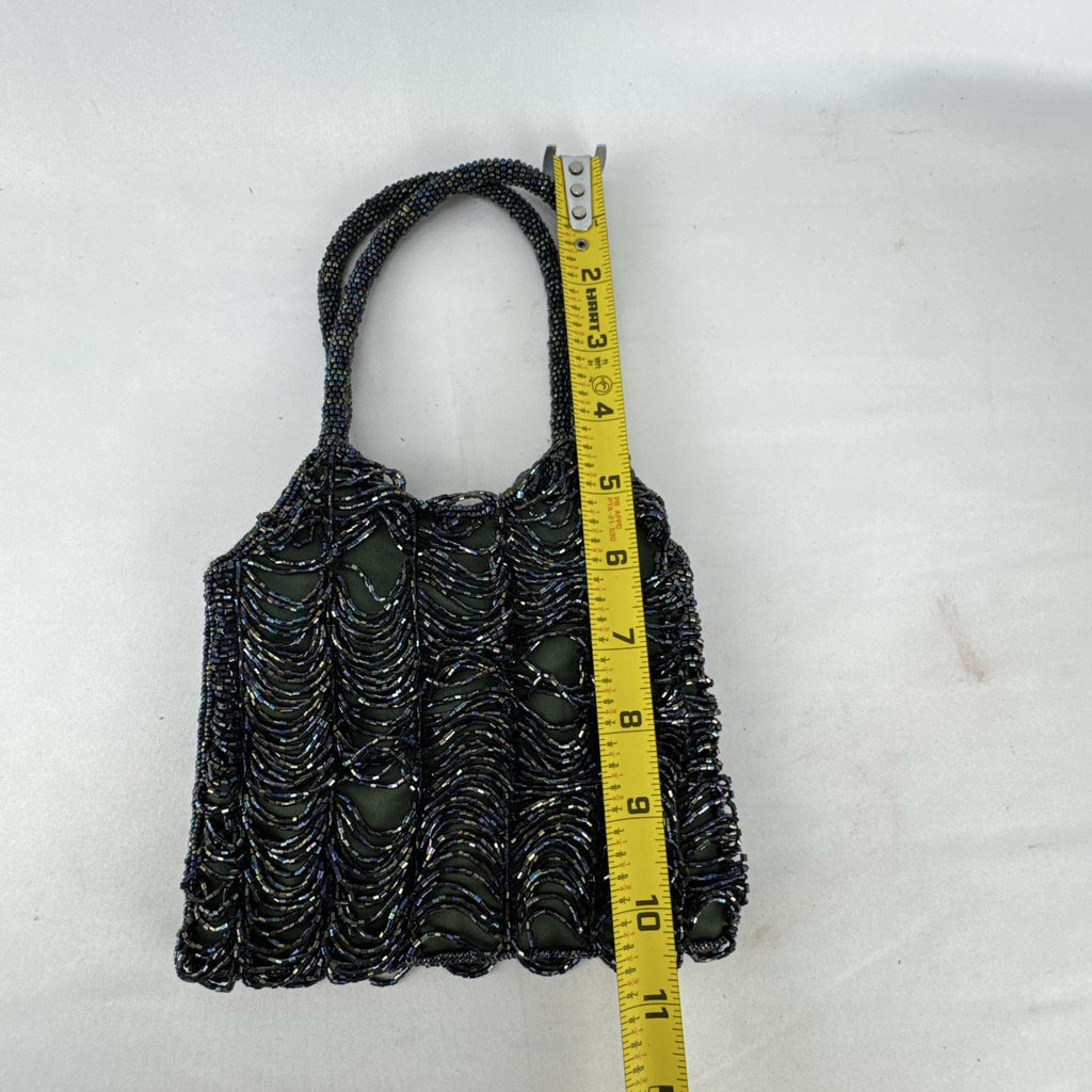 Iridescent oil slick beaded mini evening bag in olive green satin with dual beaded top handles