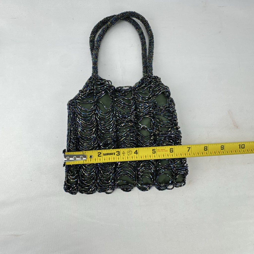 Iridescent oil slick beaded mini evening bag in olive green satin with dual beaded top handles