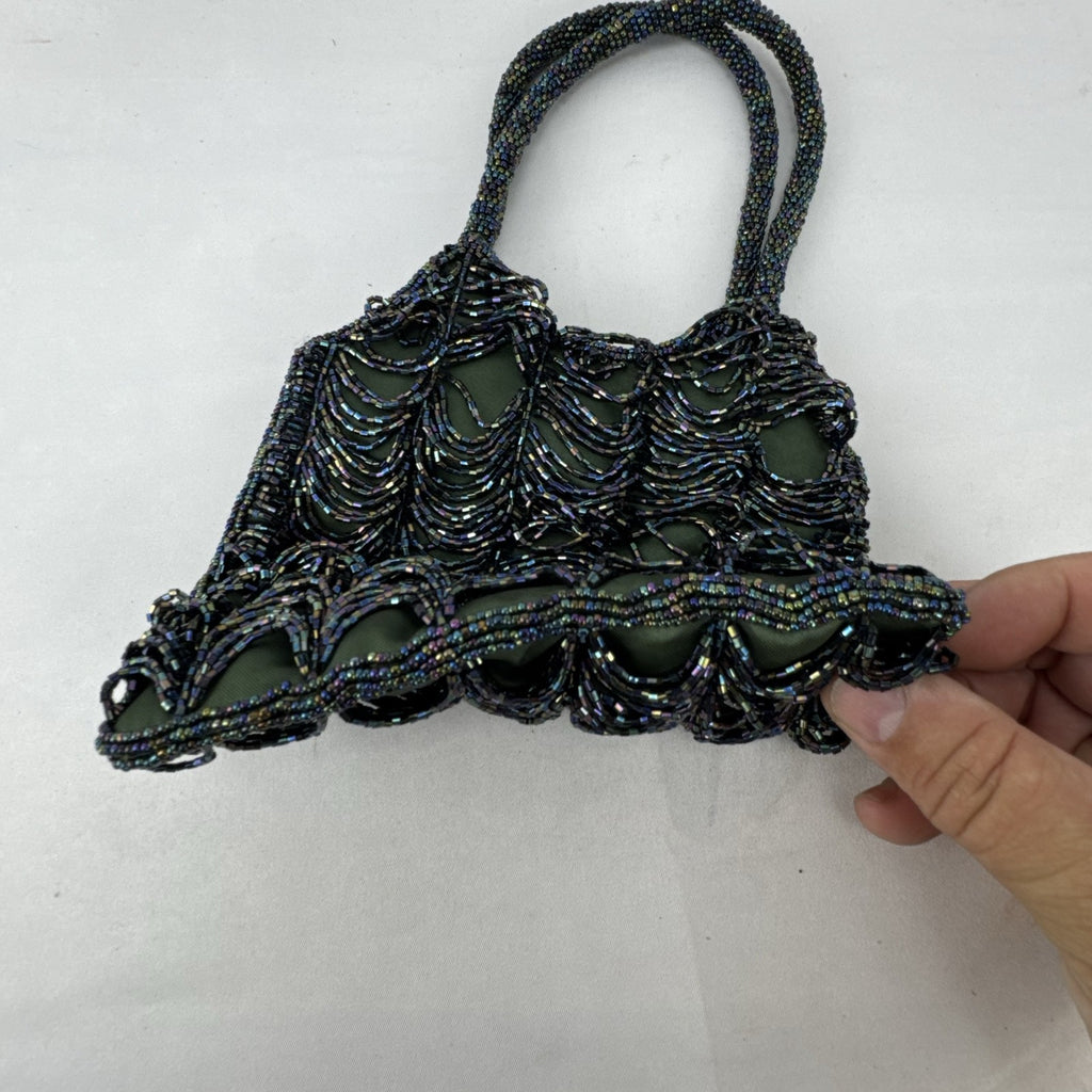 Iridescent oil slick beaded mini evening bag in olive green satin with dual beaded top handles