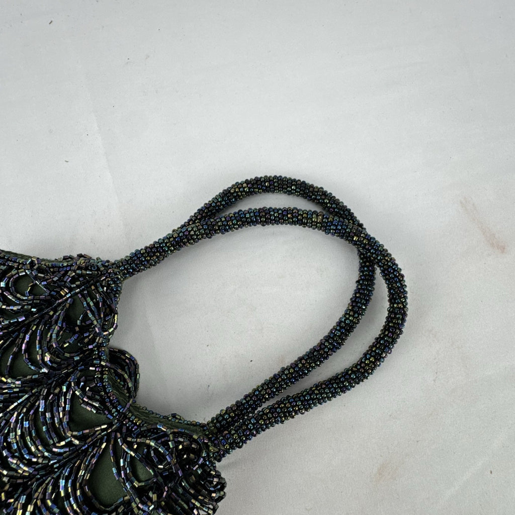 Iridescent oil slick beaded mini evening bag in olive green satin with dual beaded top handles