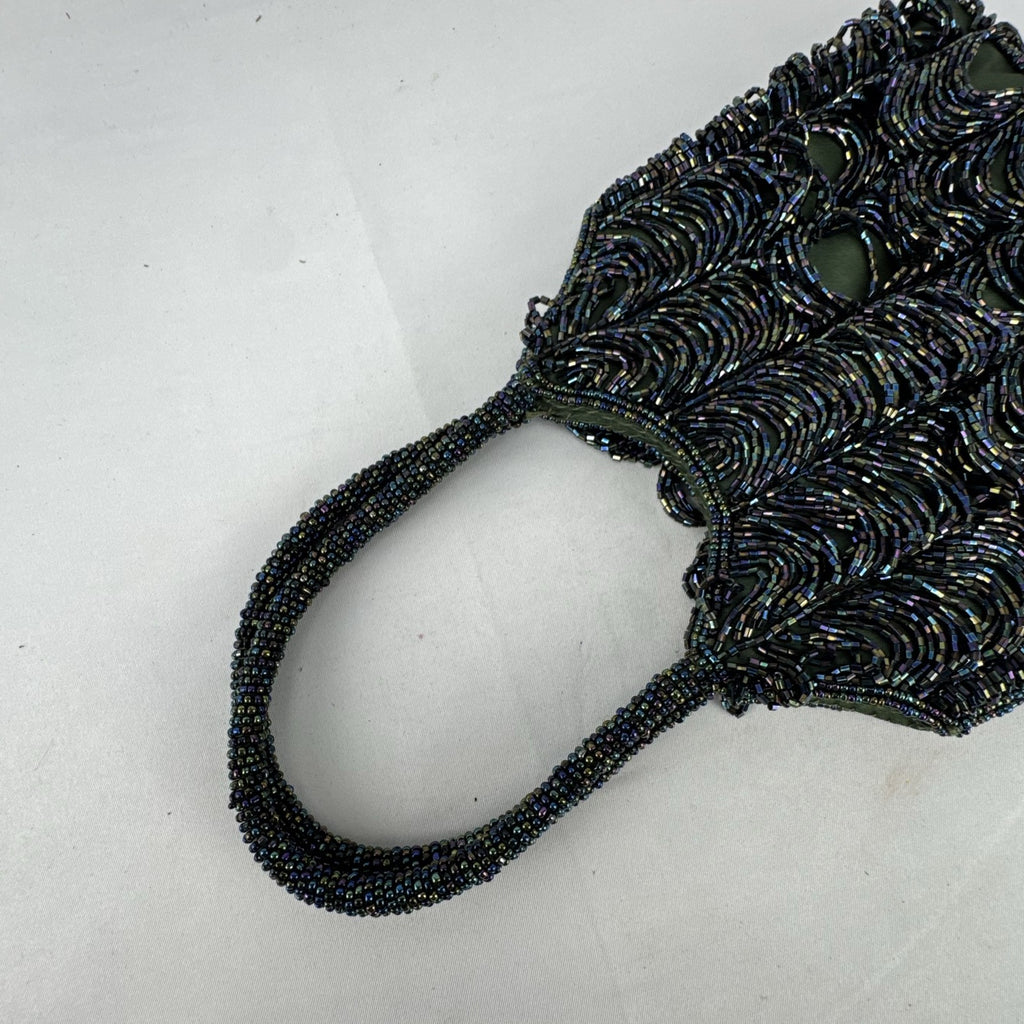 Iridescent oil slick beaded mini evening bag in olive green satin with dual beaded top handles