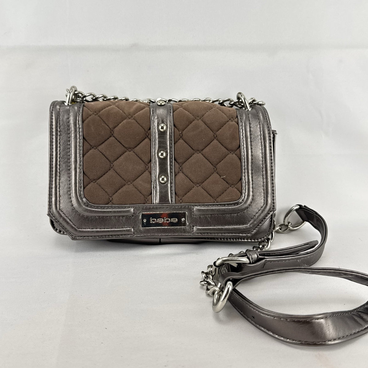 bebe Stephanie mini quilted faux suede and metallic pewter crossbody bag with silver chain strap
