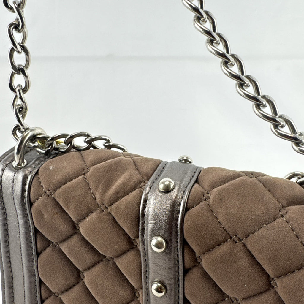 bebe Stephanie mini quilted faux suede and metallic pewter crossbody bag with silver chain strap