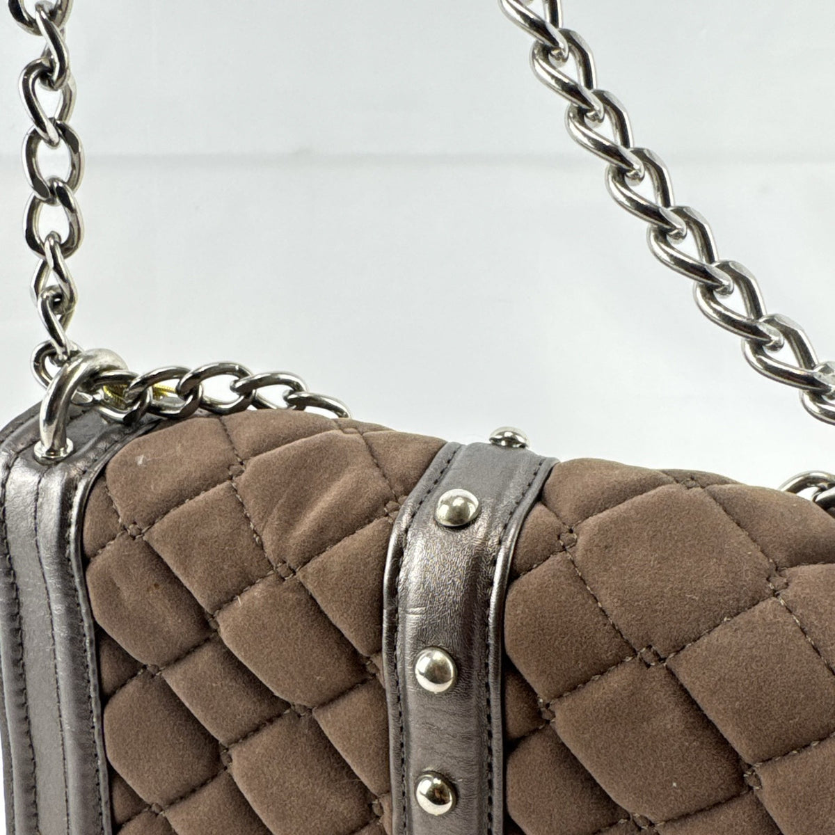 bebe Stephanie mini quilted faux suede and metallic pewter crossbody bag with silver chain strap