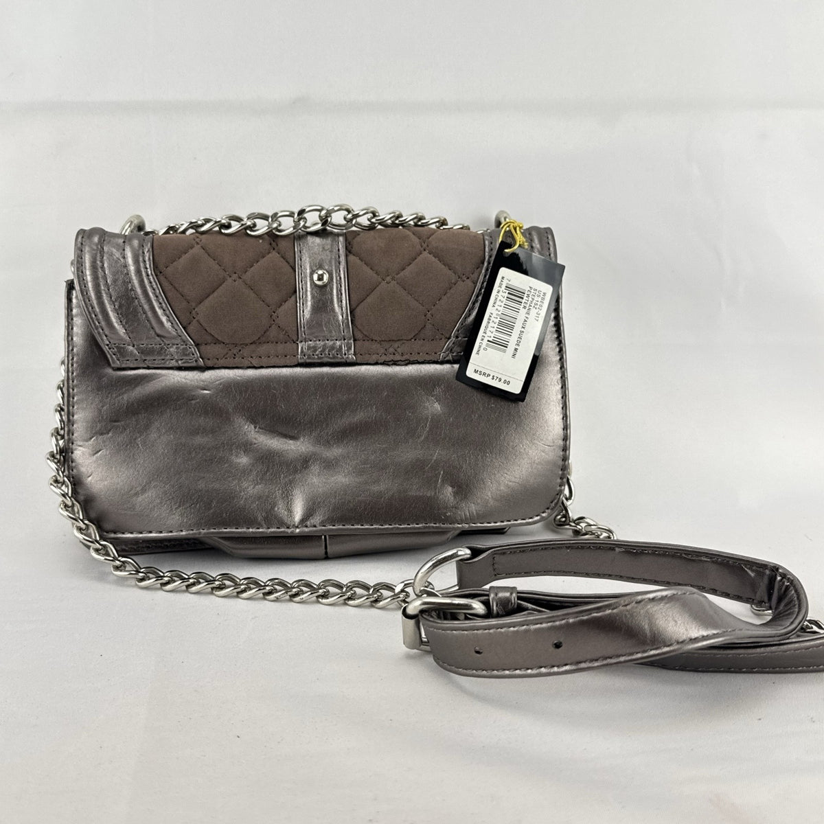bebe Stephanie mini quilted faux suede and metallic pewter crossbody bag with silver chain strap