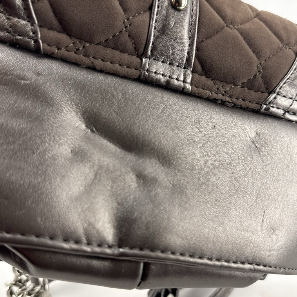 bebe Stephanie mini quilted faux suede and metallic pewter crossbody bag with silver chain strap