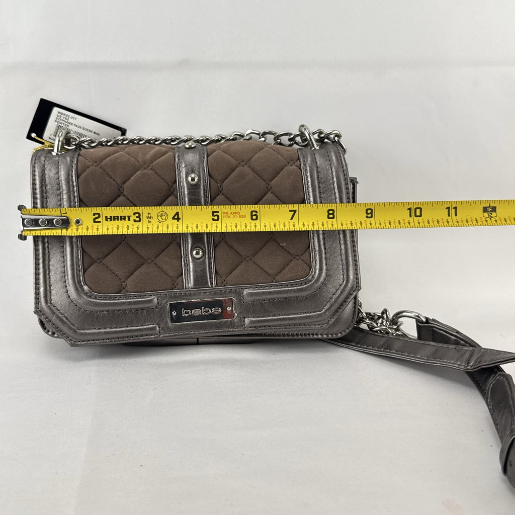 bebe Stephanie mini quilted faux suede and metallic pewter crossbody bag with silver chain strap