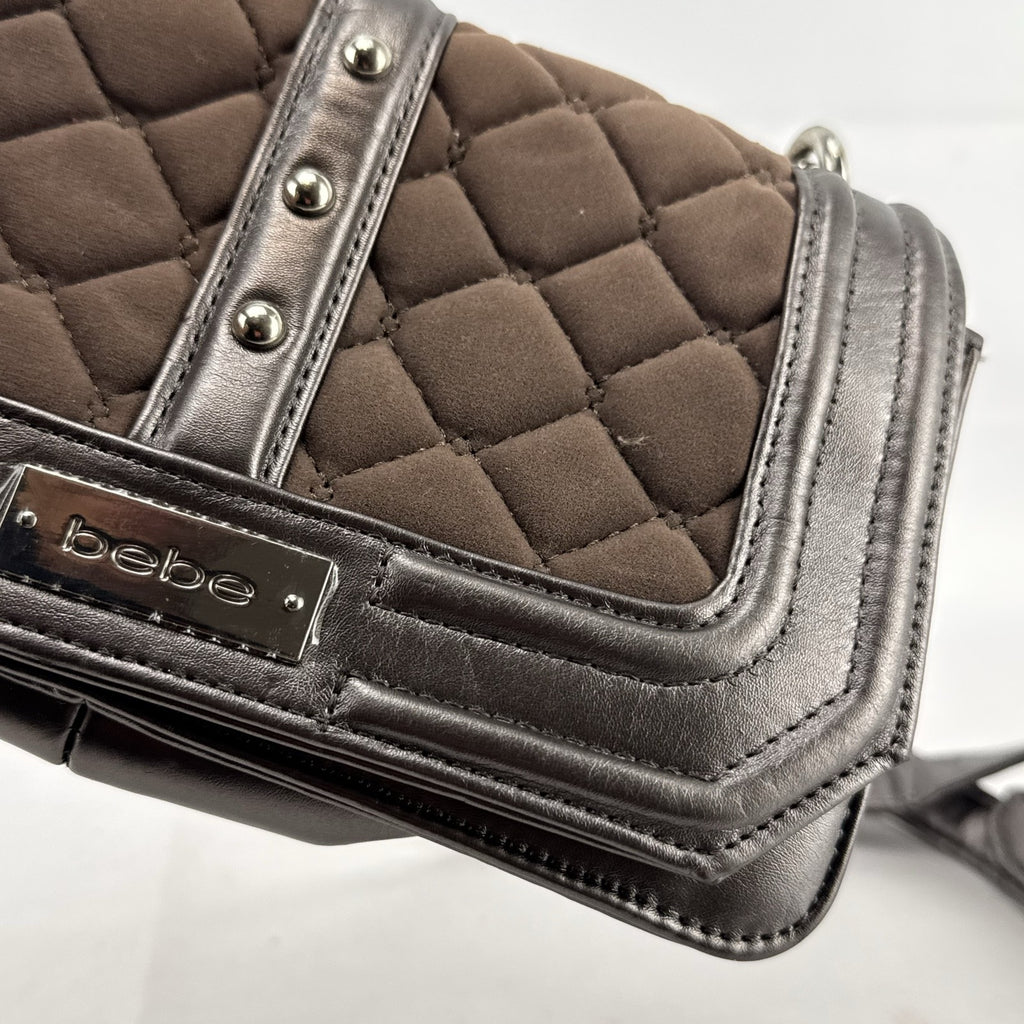 bebe Stephanie mini quilted faux suede and metallic pewter crossbody bag with silver chain strap
