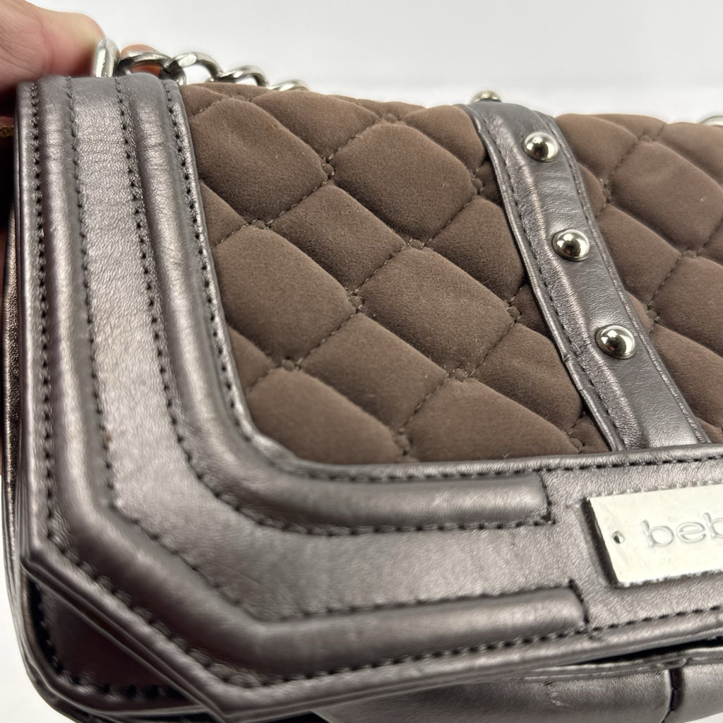 bebe Stephanie mini quilted faux suede and metallic pewter crossbody bag with silver chain strap