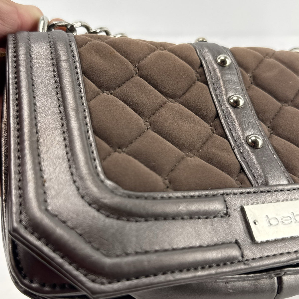 bebe Stephanie mini quilted faux suede and metallic pewter crossbody bag with silver chain strap