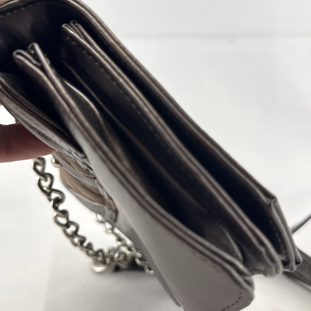 bebe Stephanie mini quilted faux suede and metallic pewter crossbody bag with silver chain strap