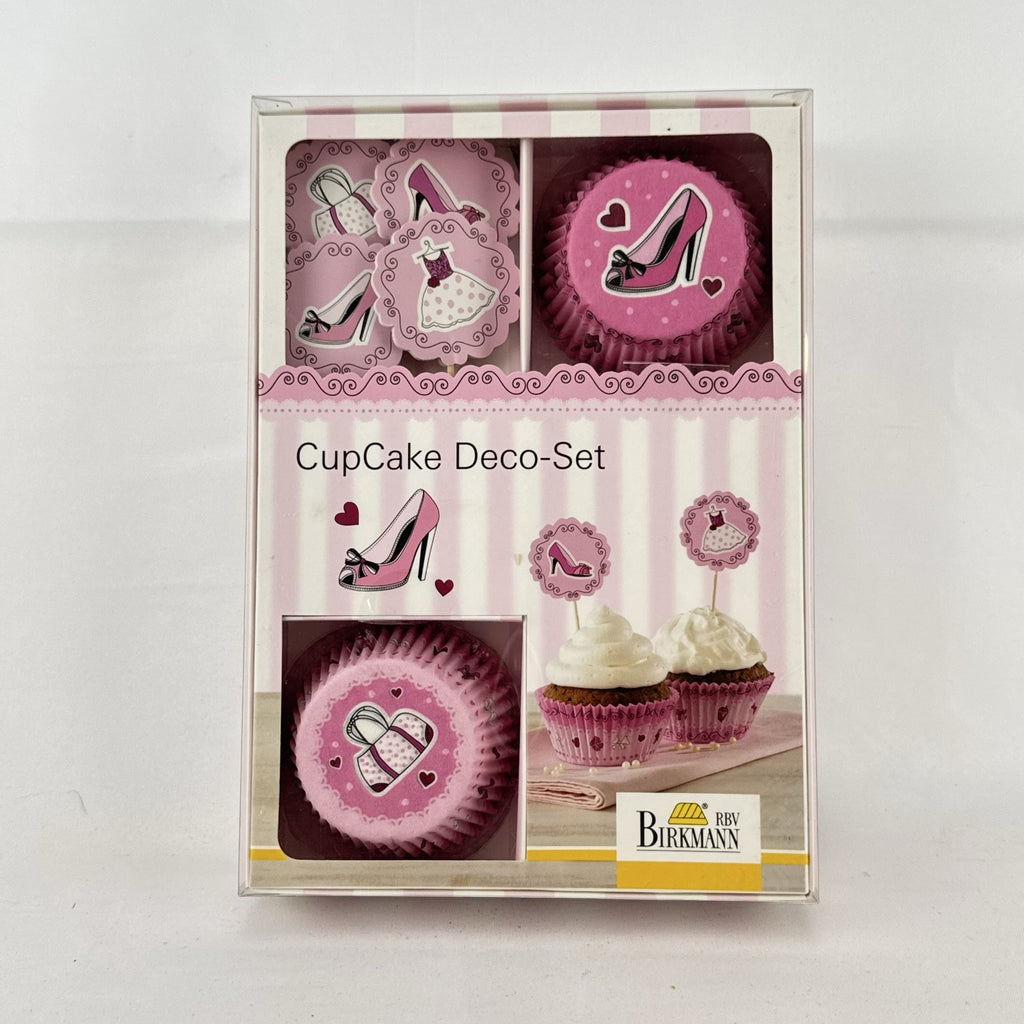 RBV Birkmann pink high heel cupcake decorating set in original packaging with parchment liners and toppers