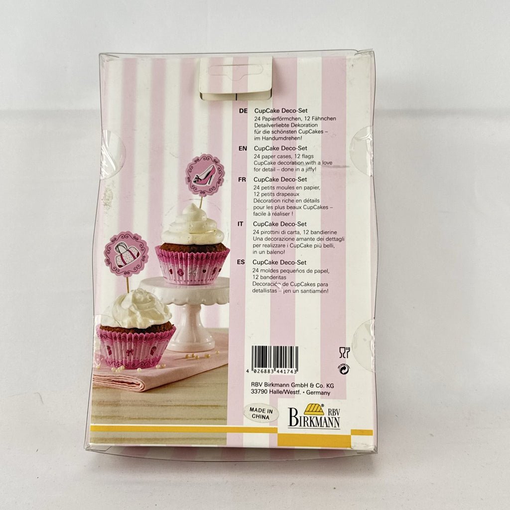 RBV Birkmann pink high heel cupcake decorating set in original packaging with parchment liners and toppers