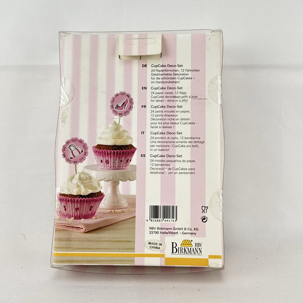 RBV Birkmann pink high heel cupcake decorating set in original packaging with parchment liners and toppers