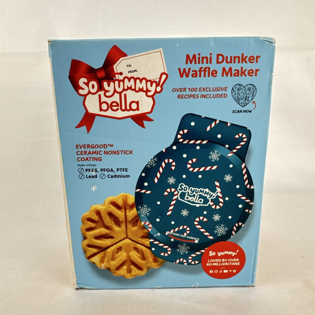 Bella So Yummy navy blue mini dunker waffle maker with holiday snowflake plate pattern