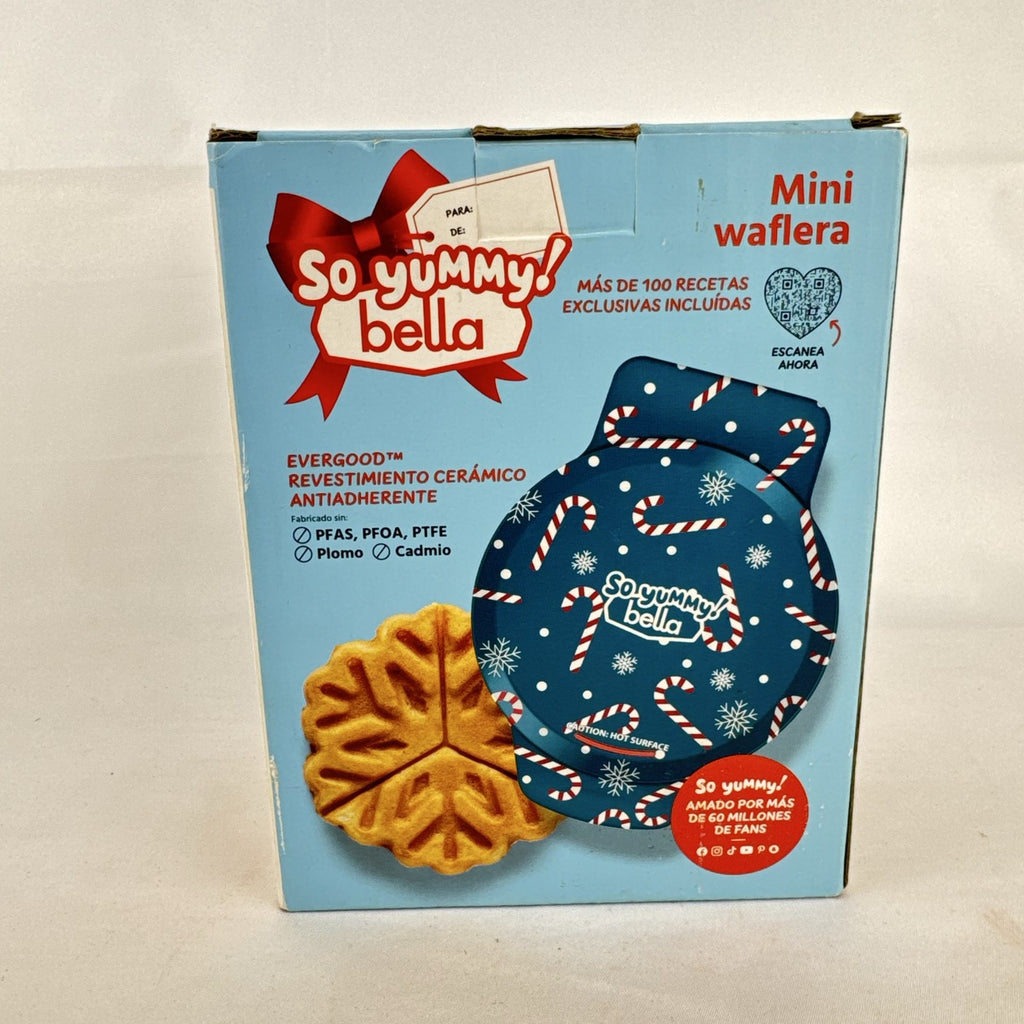 Bella So Yummy navy blue mini dunker waffle maker with holiday snowflake plate pattern