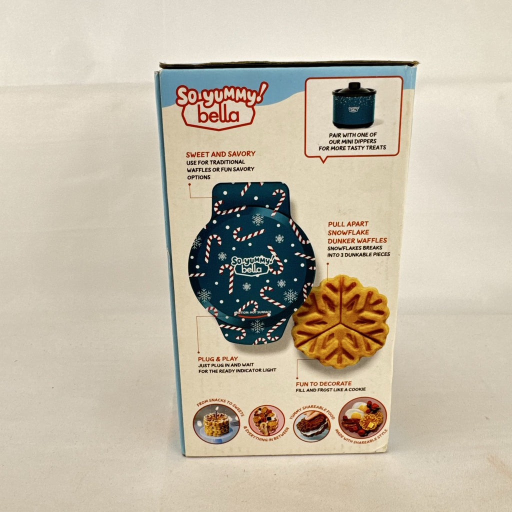 Bella So Yummy navy blue mini dunker waffle maker with holiday snowflake plate pattern