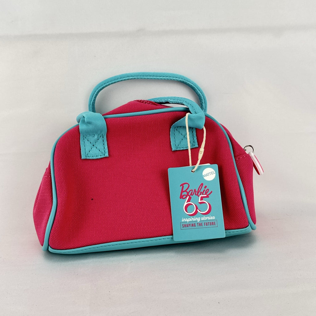 Miniso Barbie 65th Anniversary pink canvas mini duffle makeup bag with teal trim and top handles