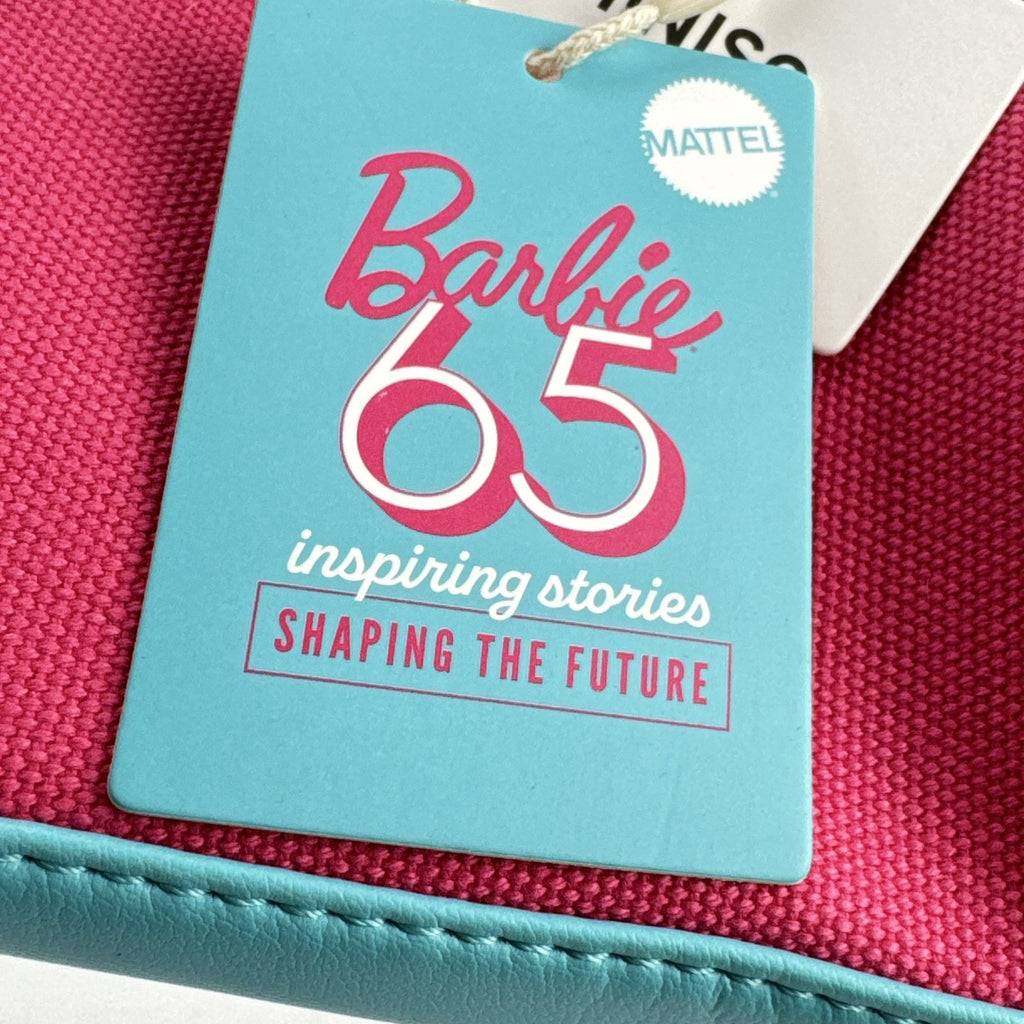 Miniso Barbie 65th Anniversary pink canvas mini duffle makeup bag with teal trim and top handles
