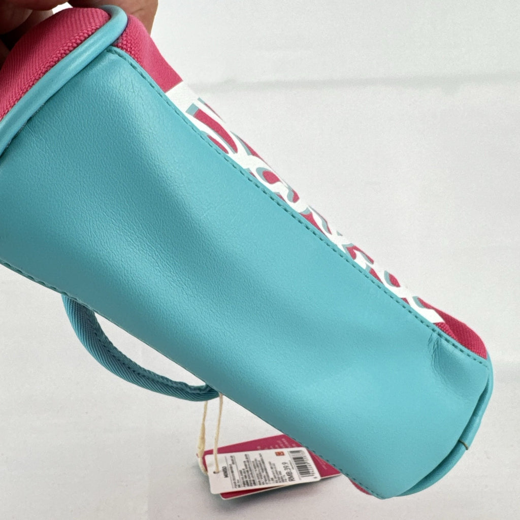 Miniso Barbie 65th Anniversary pink canvas mini duffle makeup bag with teal trim and top handles