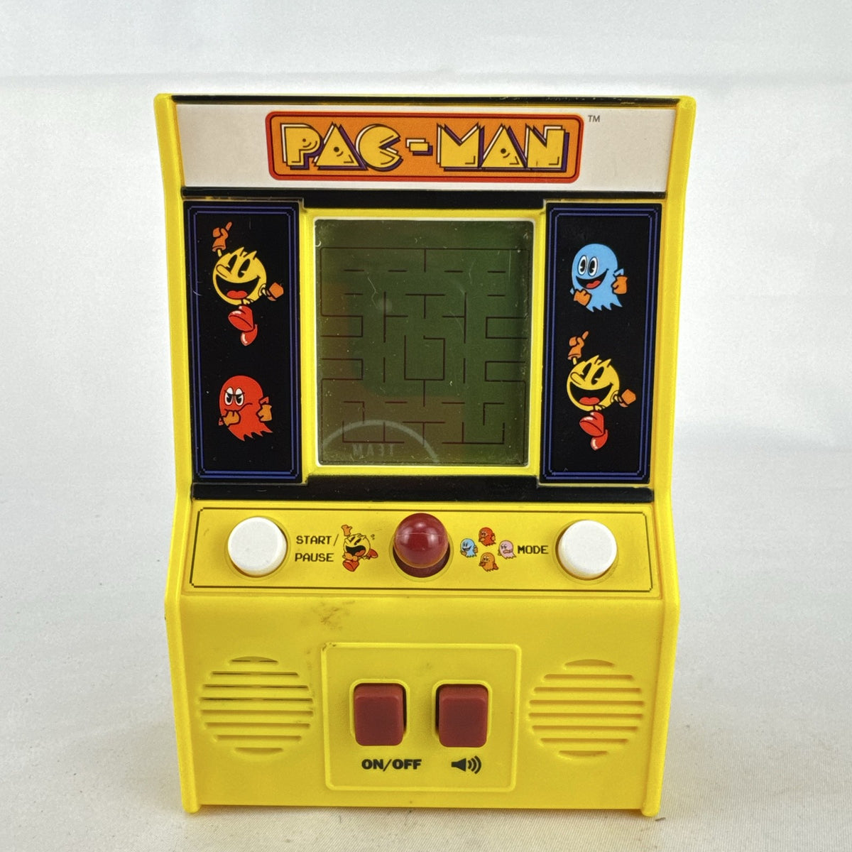 Basic Fun Pac-Man mini arcade cabinet handheld electronic game in yellow with LCD screen