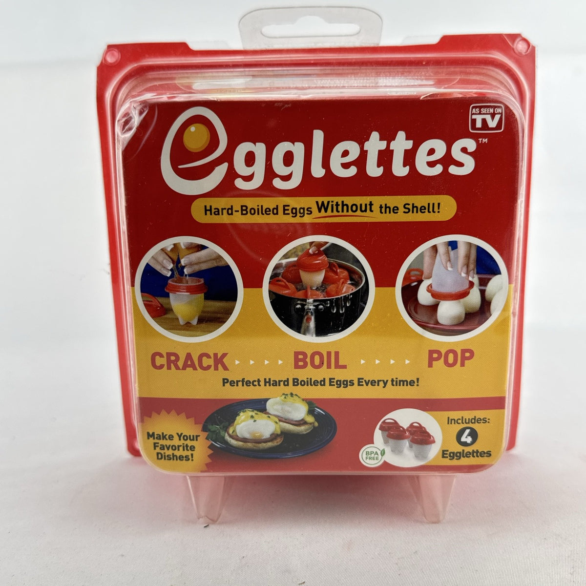 Egglettes 4-pack silicone stovetop egg cooking pods in original sealed packaging.
