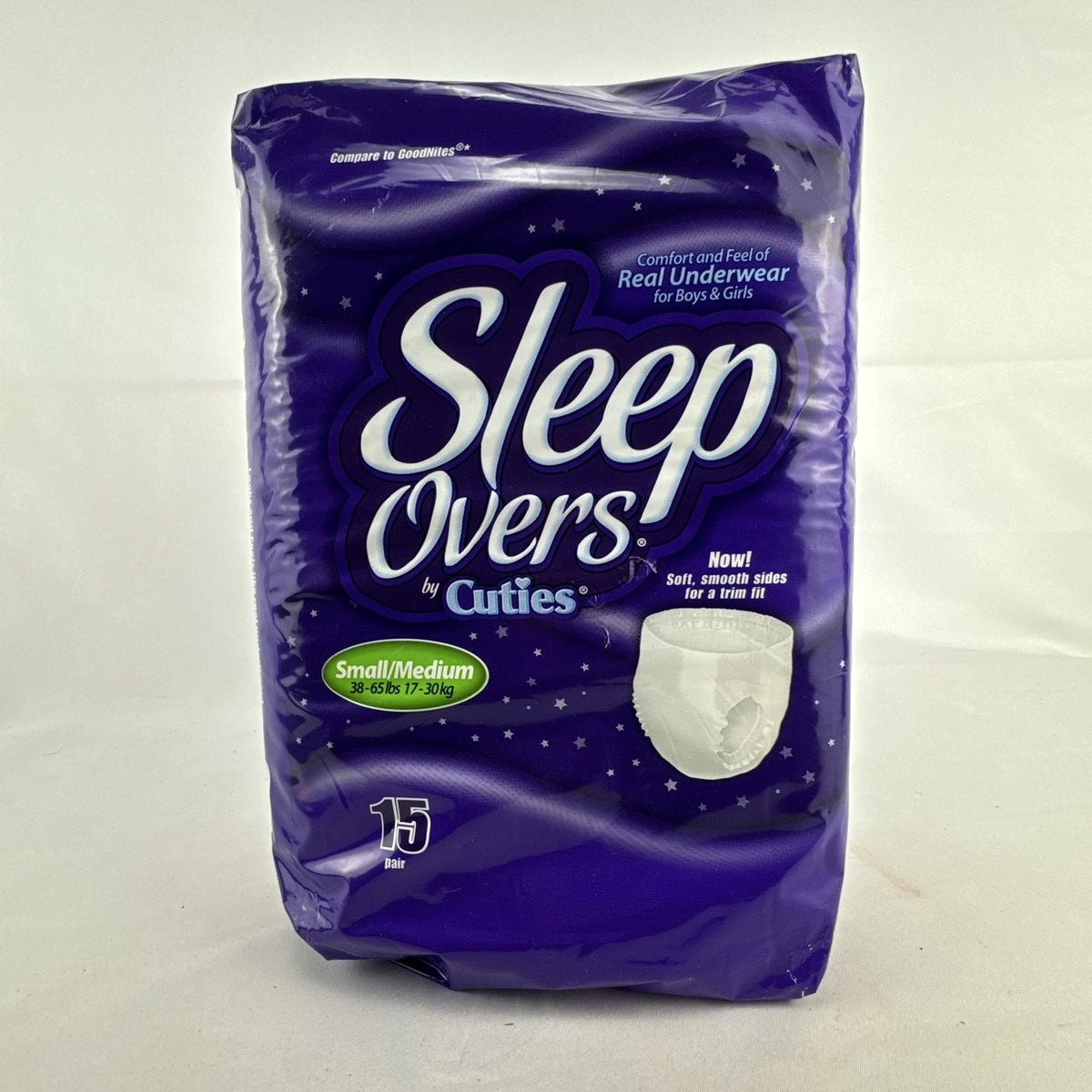 Sealed 15-count package of Cuties SleepOvers youth nighttime underwear in size Small/Medium.
