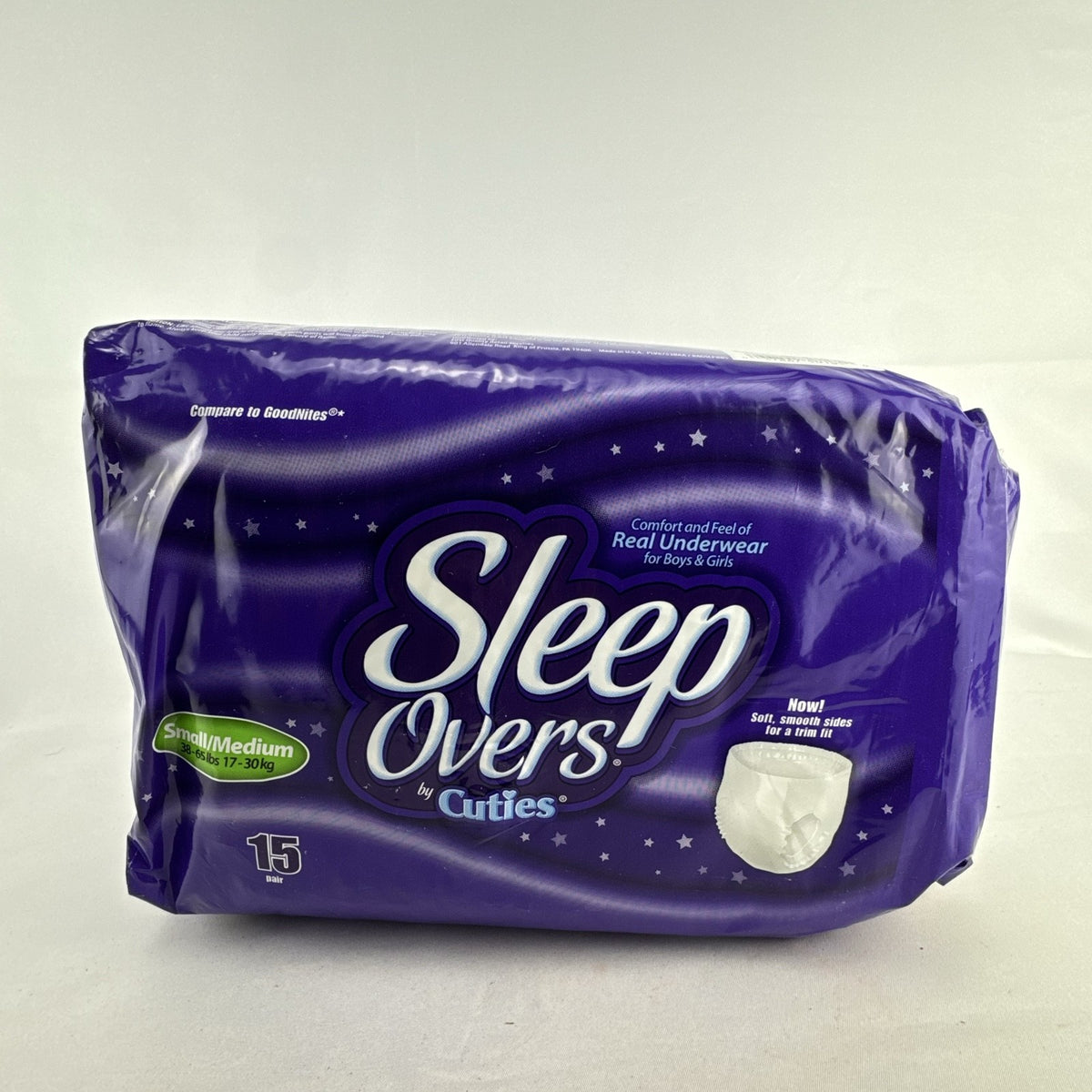 Sealed 15-count package of Cuties SleepOvers youth nighttime underwear in size Small/Medium.