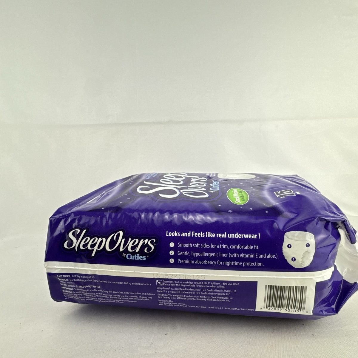 Sealed 15-count package of Cuties SleepOvers youth nighttime underwear in size Small/Medium.