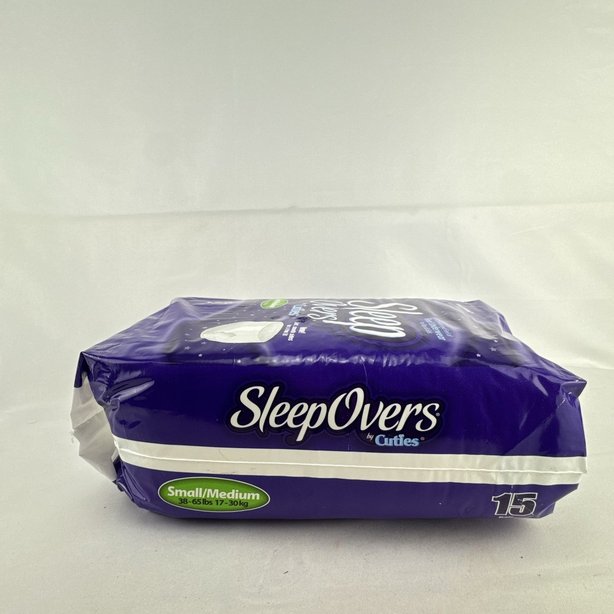 Sealed 15-count package of Cuties SleepOvers youth nighttime underwear in size Small/Medium.