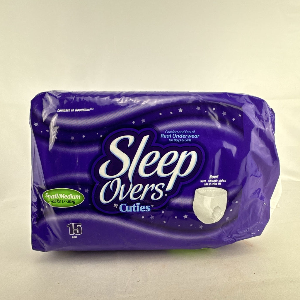 Factory sealed package of Cuties SleepOvers unisex youth overnight pants in size small medium 15 count