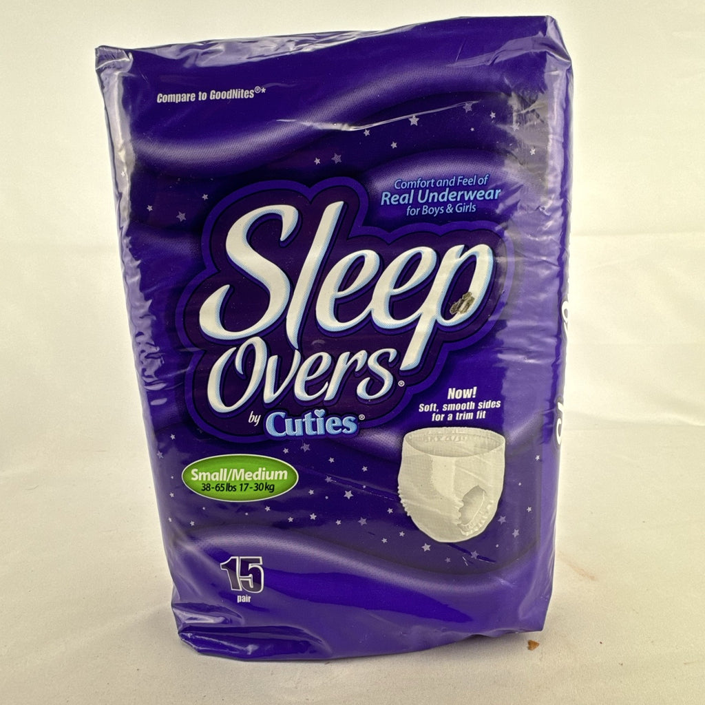 Factory sealed package of Cuties SleepOvers unisex youth overnight pants in size small medium 15 count