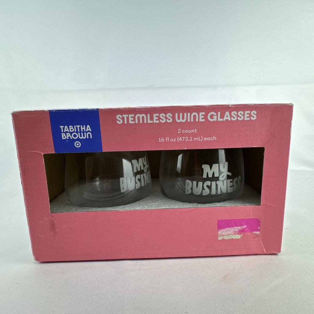 Set of two Tabitha Brown for Target clear stemless wine glasses etched with My Business in original box