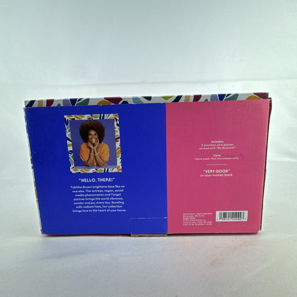 Set of two Tabitha Brown for Target clear stemless wine glasses etched with My Business in original box