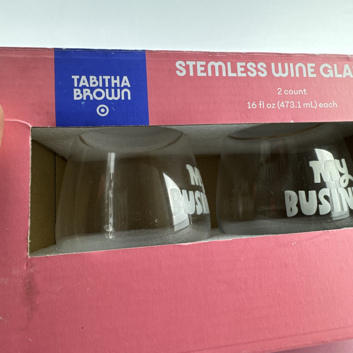 Set of two Tabitha Brown for Target clear stemless wine glasses etched with My Business in original box
