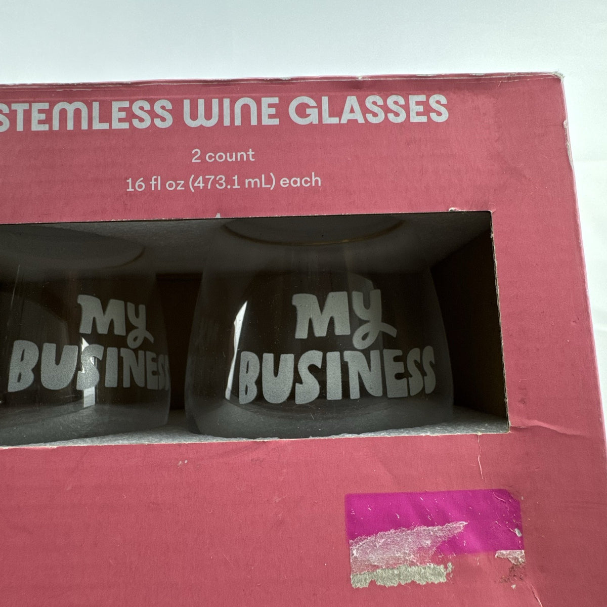 Set of two Tabitha Brown for Target clear stemless wine glasses etched with My Business in original box