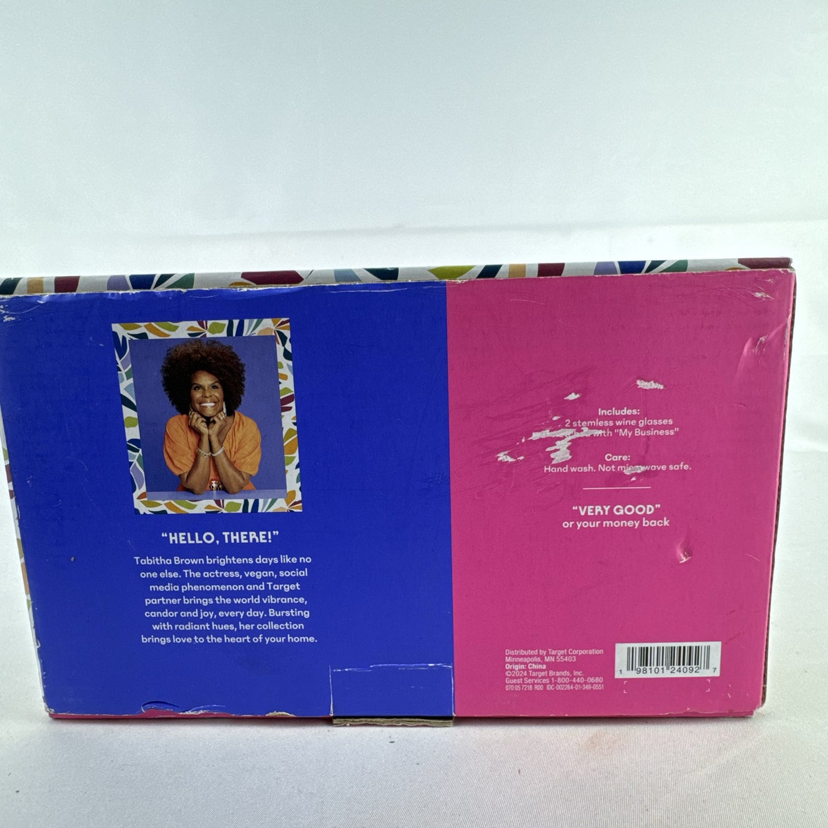 Set of two Tabitha Brown for Target clear stemless wine glasses with white My Business graphic in original box.