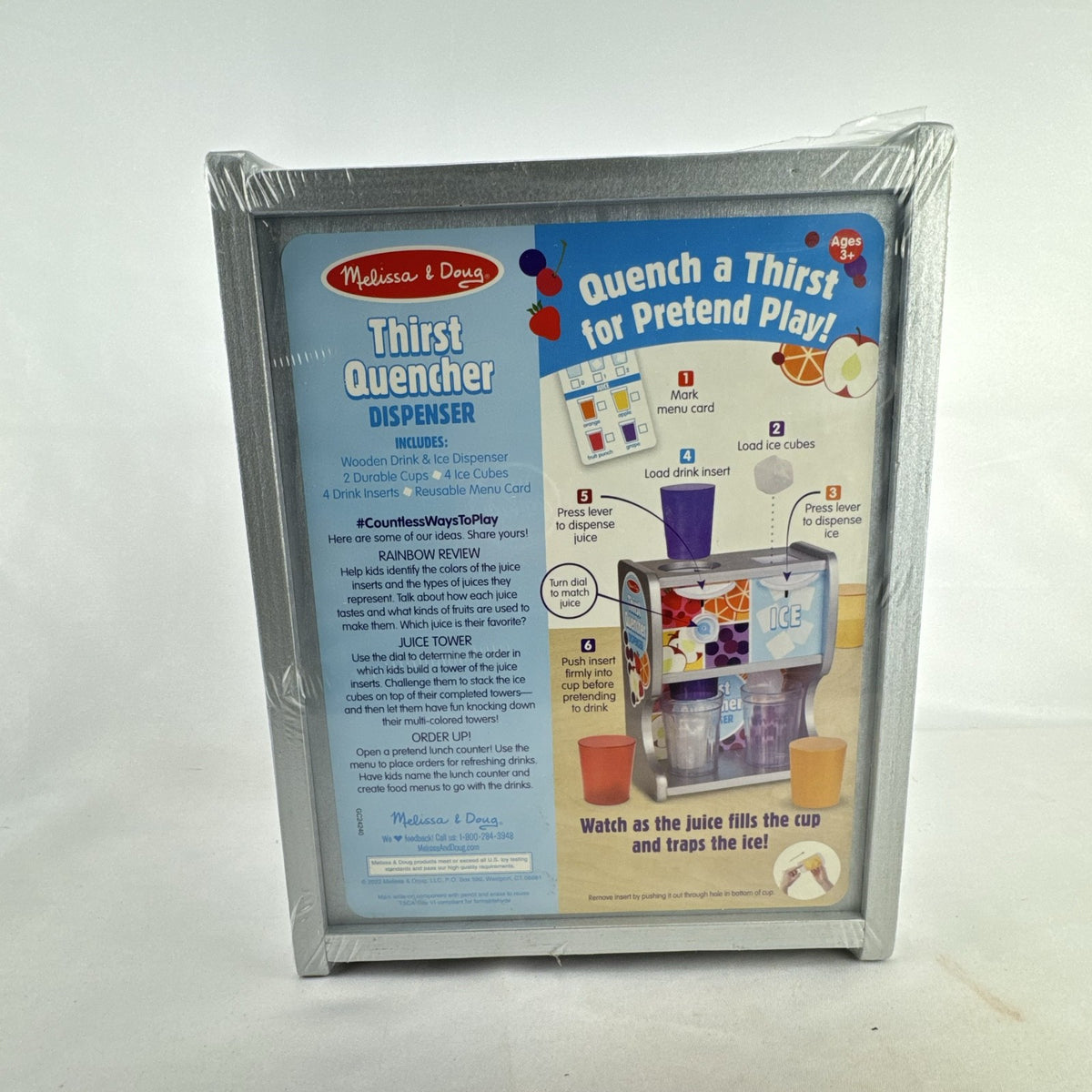 Melissa & Doug Thirst Quencher wooden drink and ice dispenser play set in silver packaging
