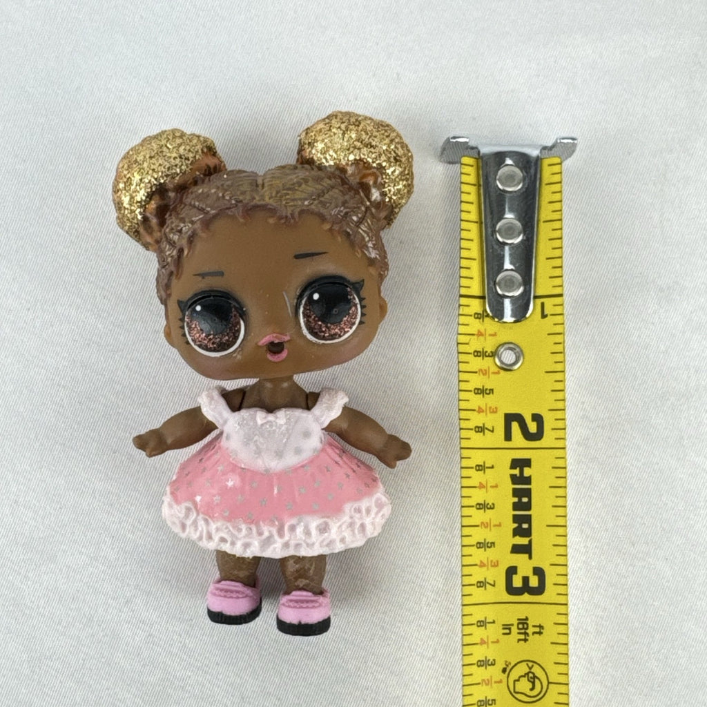 MGA Entertainment L.O.L. Surprise Glitter Series Queen Bee doll with gold glitter hair buns, pink dress, and shoes
