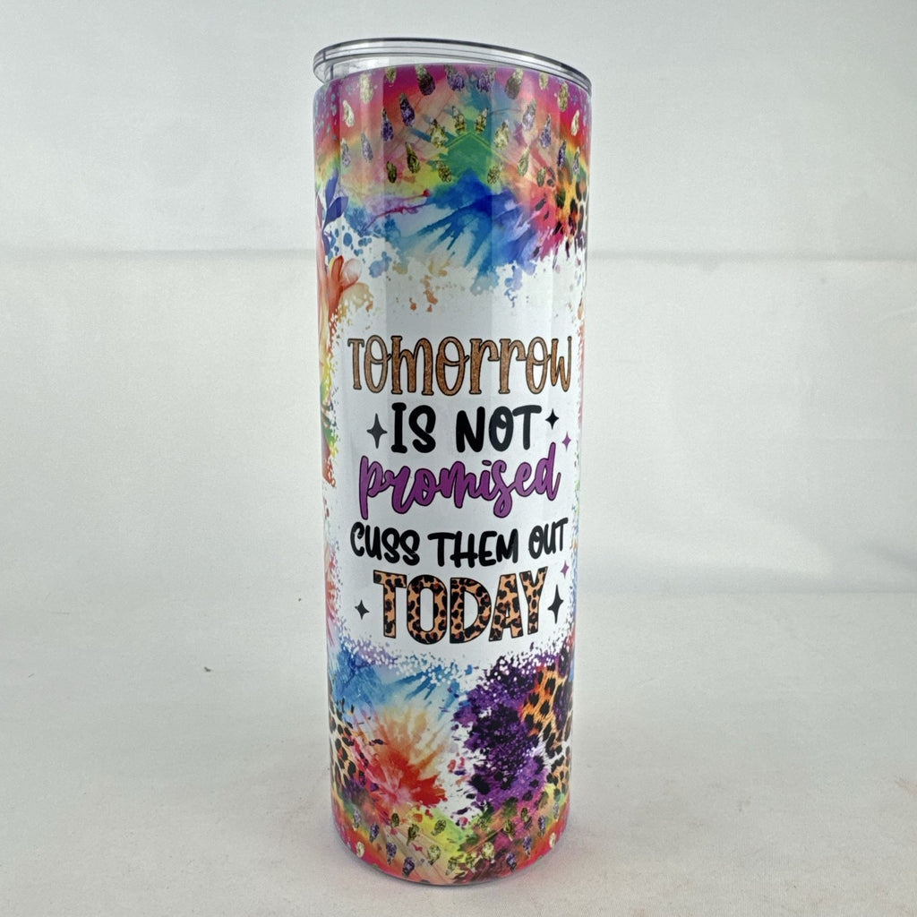 Multicolor 20oz stainless steel skinny tumbler with novelty graphic quote and floral leopard print design