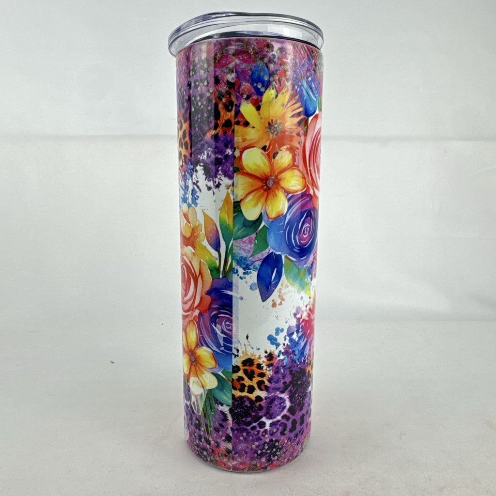 Multicolor 20oz stainless steel skinny tumbler with novelty graphic quote and floral leopard print design