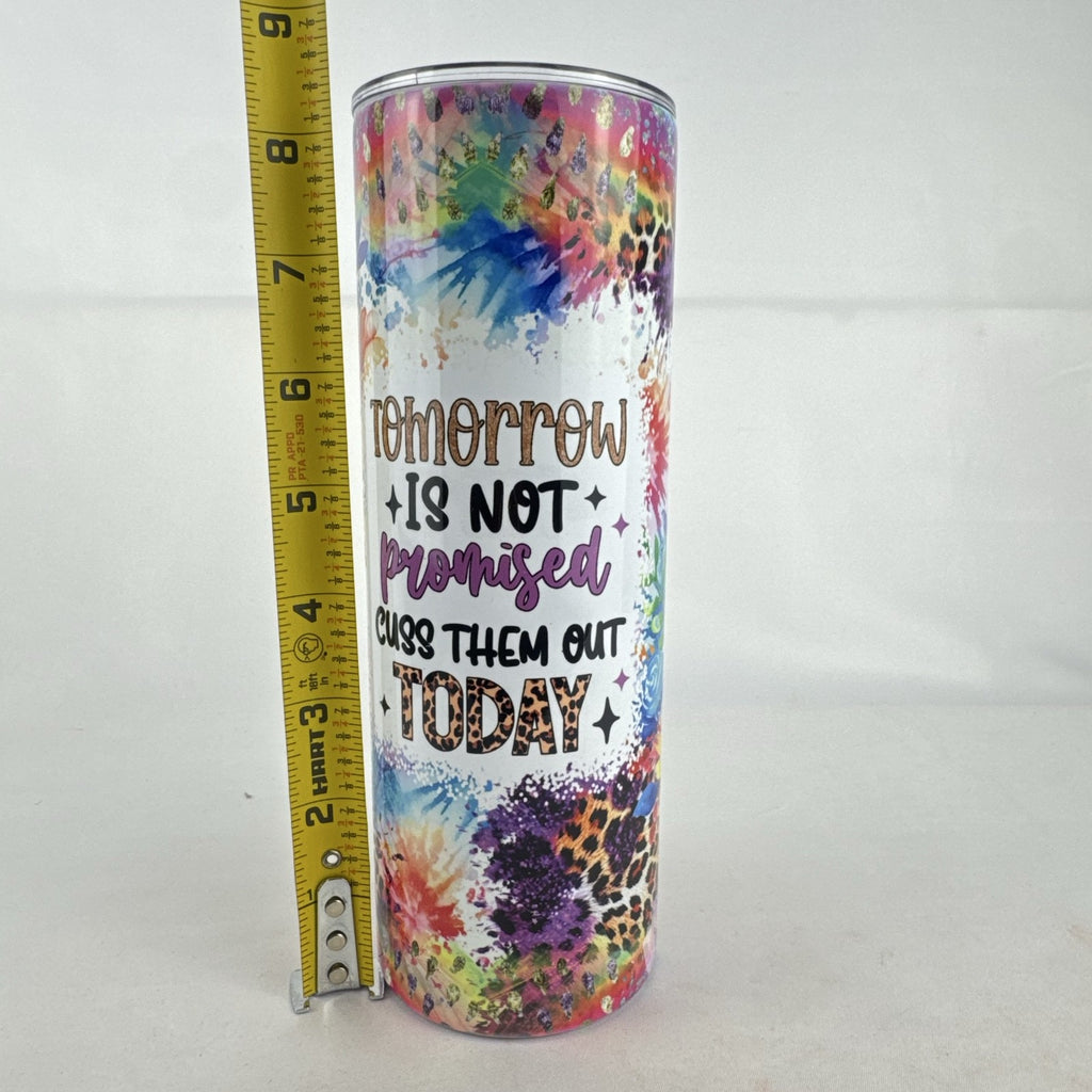 Multicolor 20oz stainless steel skinny tumbler with novelty graphic quote and floral leopard print design