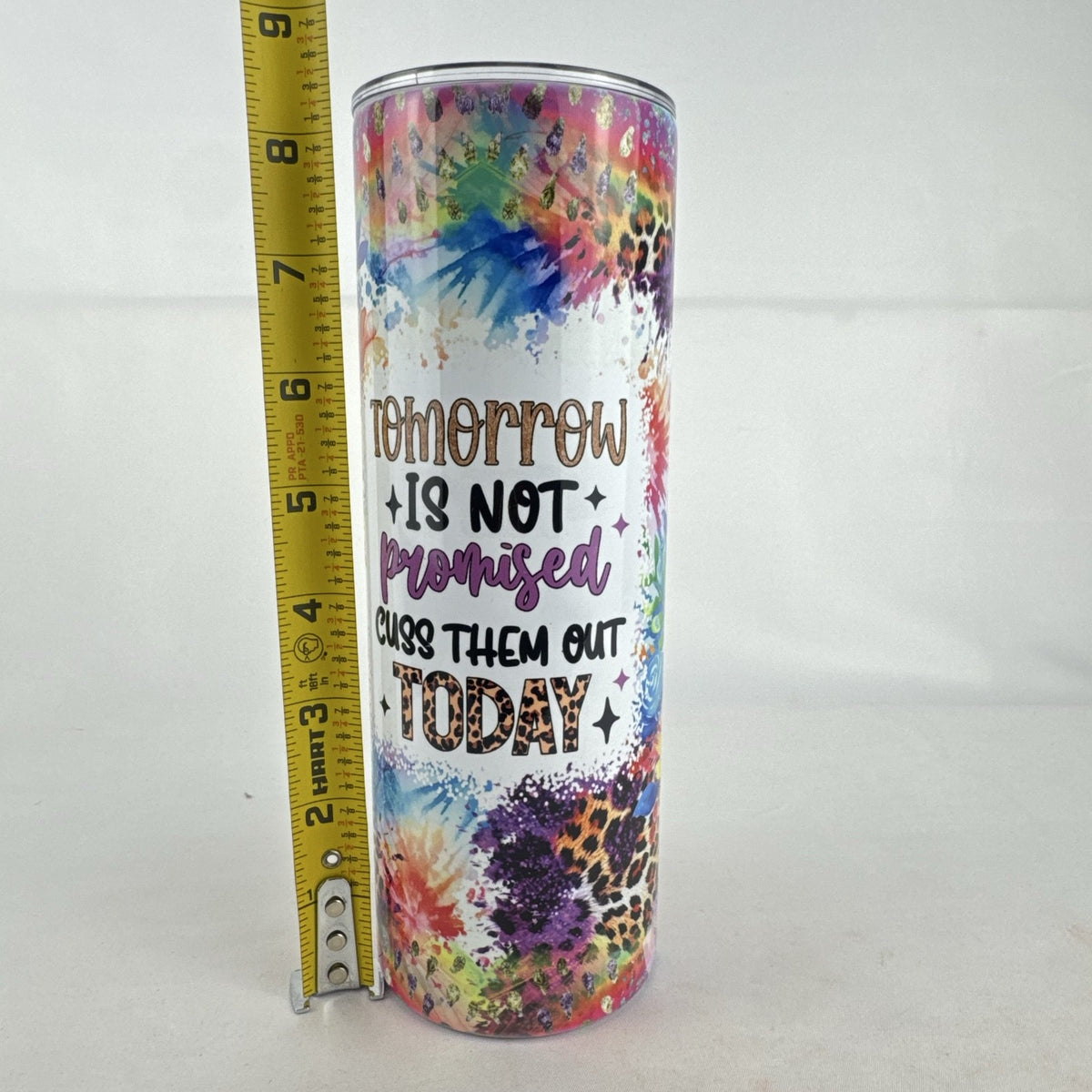 Multicolor 20oz stainless steel skinny tumbler with novelty graphic quote and floral leopard print design