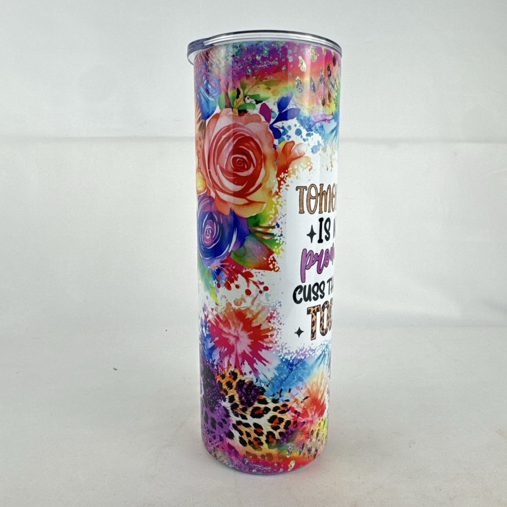 Multicolor 20oz stainless steel skinny tumbler with novelty graphic quote and floral leopard print design